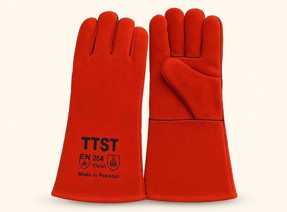 LEATHER GLOVES 16" RED TTST WITH DENIM